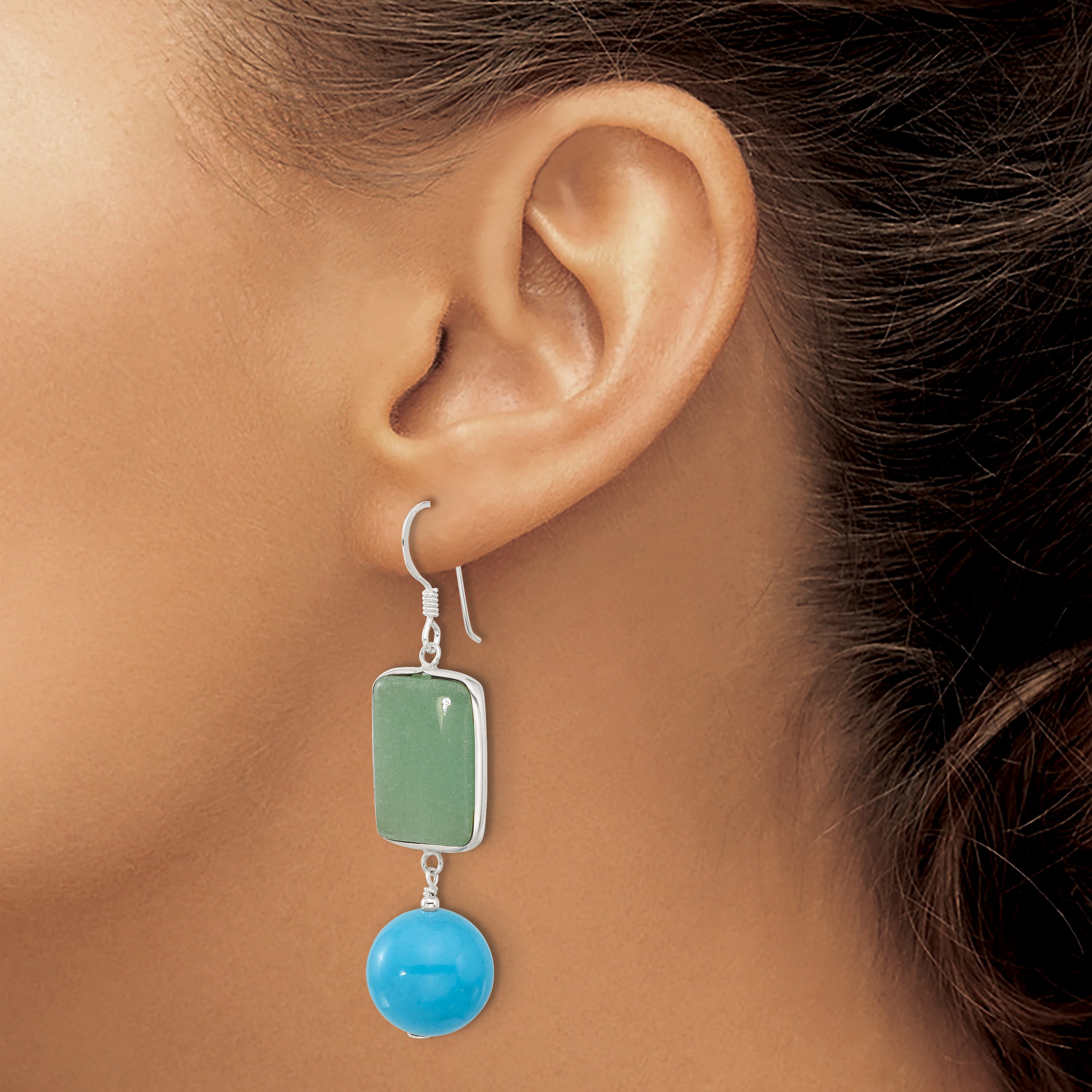 Sterling Silver Polished Aventurine & Recon. Turquoise Dangle Earrings