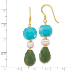 Sterling Silver Gold-pltd FWC Pearl Aventurine & Recon. Turquoise Earrings