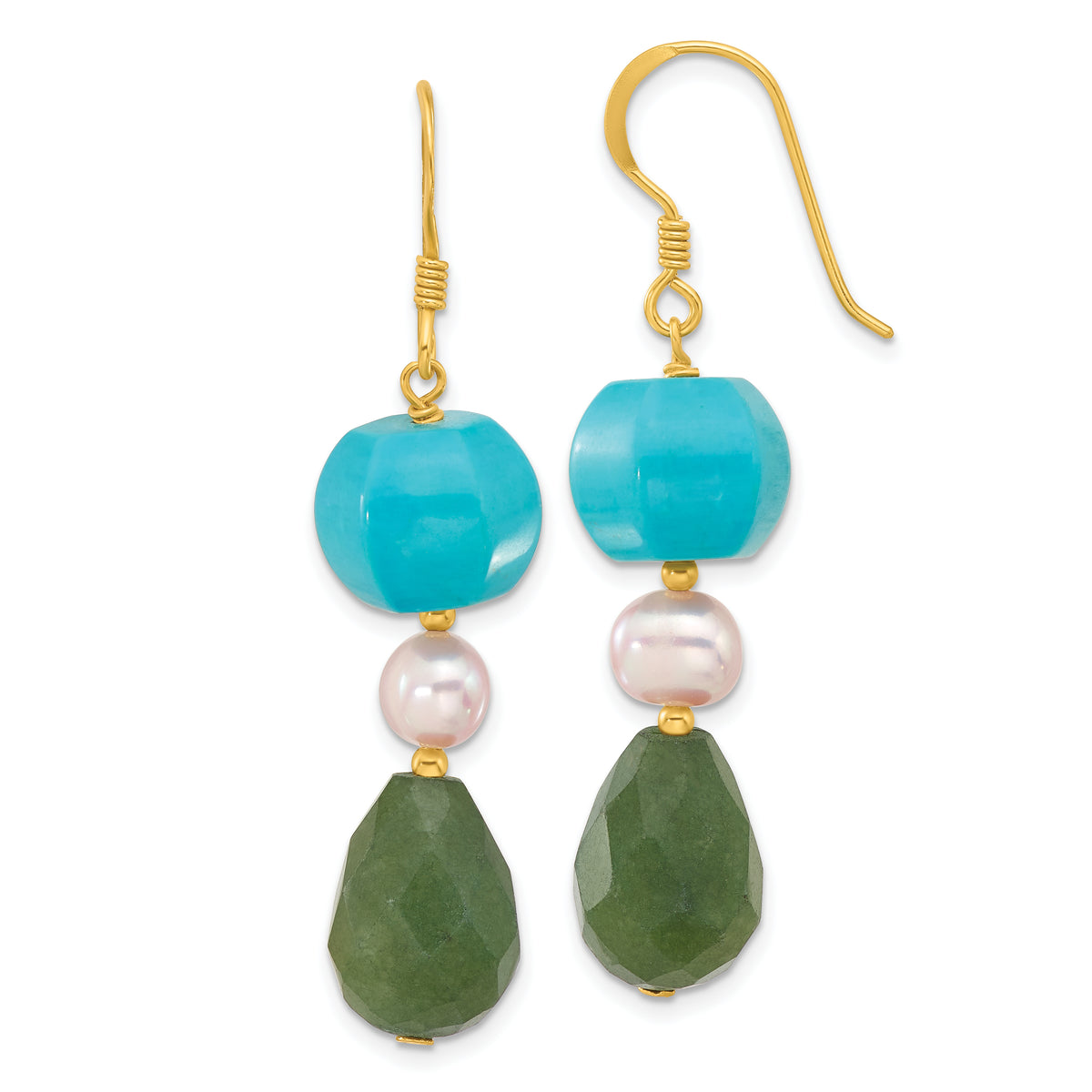 Sterling Silver Gold-pltd FWC Pearl Aventurine & Recon. Turquoise Earrings