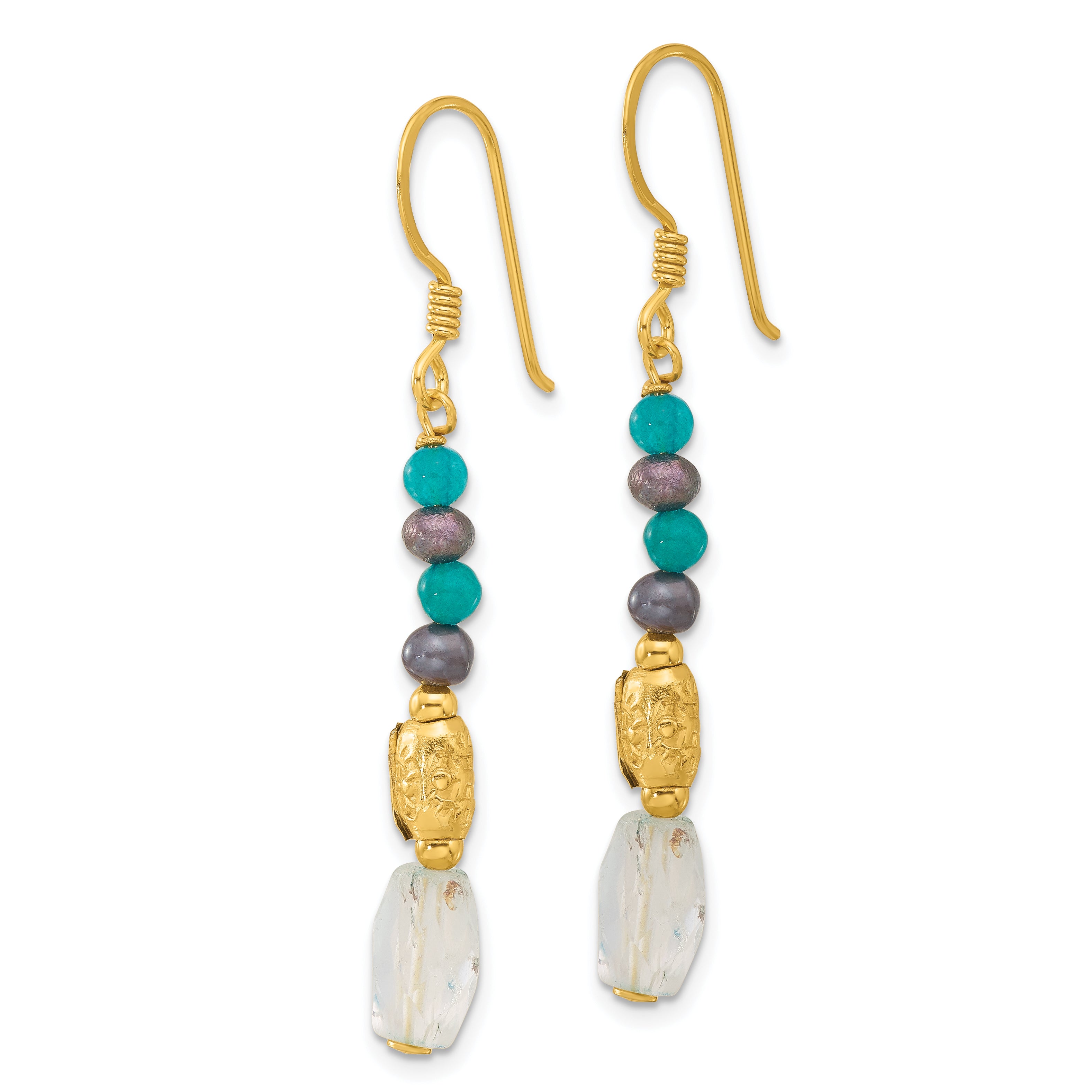 Sterling Silver Gold-plated Polished & Textured Black Freshwater Cultured Pearl & Blue Quartz Beaded Dangle Earrings