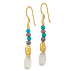 Sterling Silver Gold-plated Polished & Textured Black Freshwater Cultured Pearl & Blue Quartz Beaded Dangle Earrings