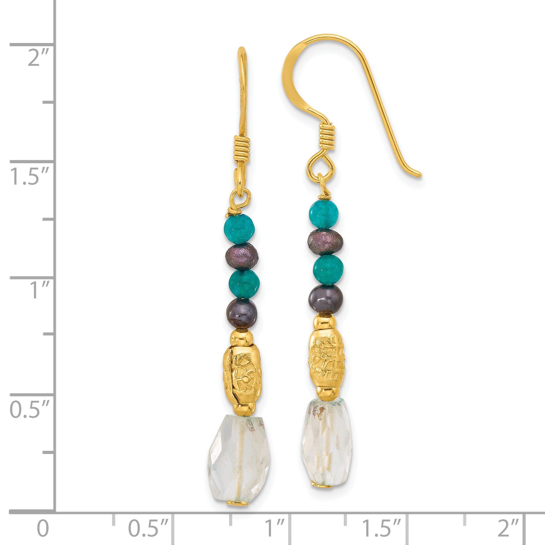 Sterling Silver Gold-plated Polished & Textured Black Freshwater Cultured Pearl & Blue Quartz Beaded Dangle Earrings