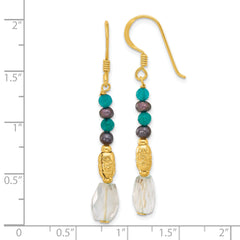 Sterling Silver Gold-plated Polished & Textured Black Freshwater Cultured Pearl & Blue Quartz Beaded Dangle Earrings