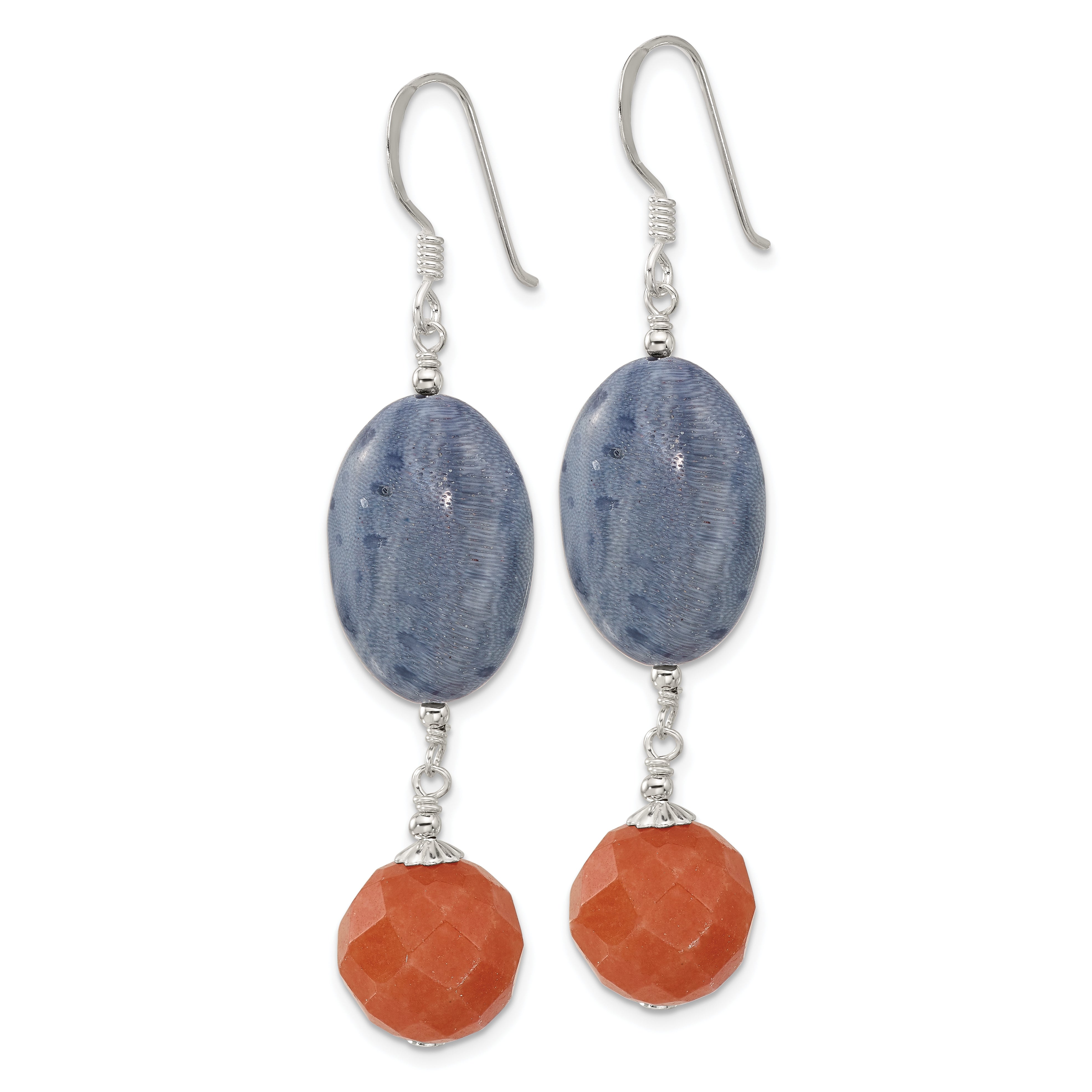 Sterling Silver Polished Red Aventurine & Denim Coral Dangle Earrings