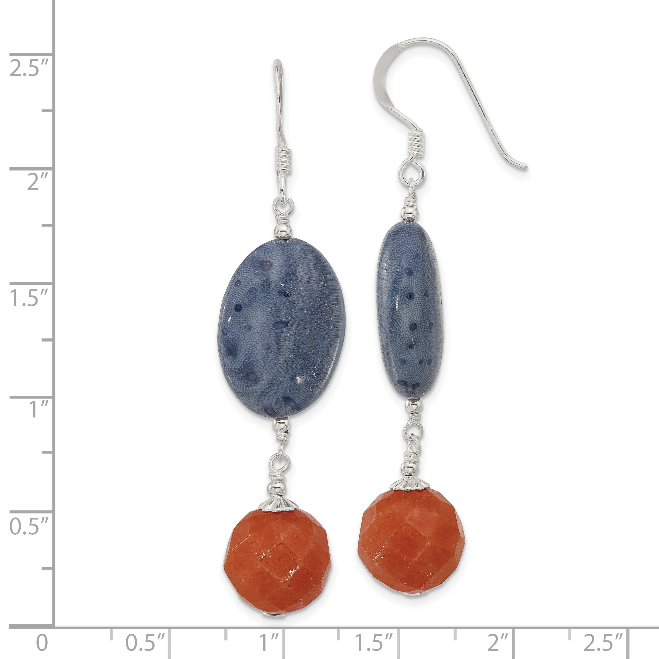 Sterling Silver Polished Red Aventurine & Denim Coral Dangle Earrings