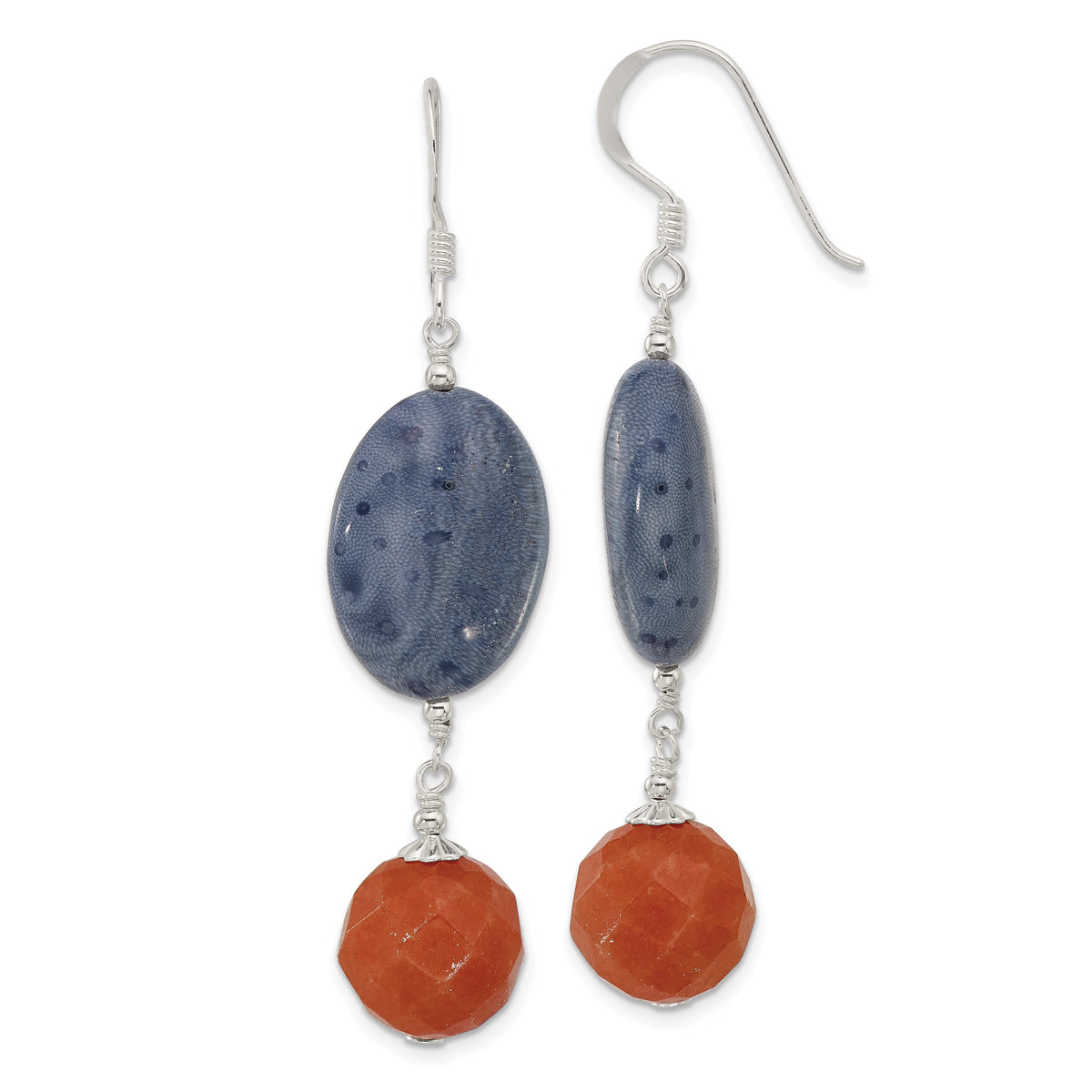 Sterling Silver Polished Red Aventurine & Denim Coral Dangle Earrings