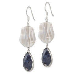 Sterling Silver Polished Wavy Grey Agate & Lapis Teardrop Dangle Earrings