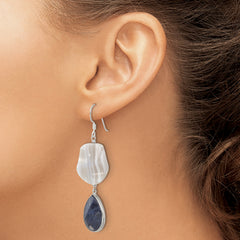 Sterling Silver Polished Wavy Grey Agate & Lapis Teardrop Dangle Earrings