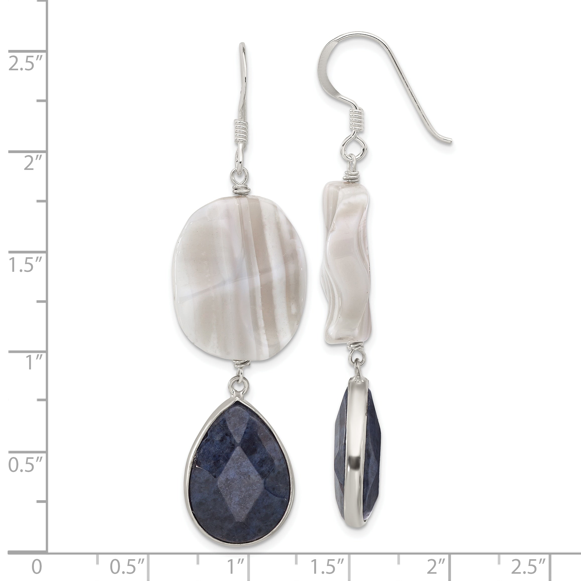 Sterling Silver Polished Wavy Grey Agate & Lapis Teardrop Dangle Earrings