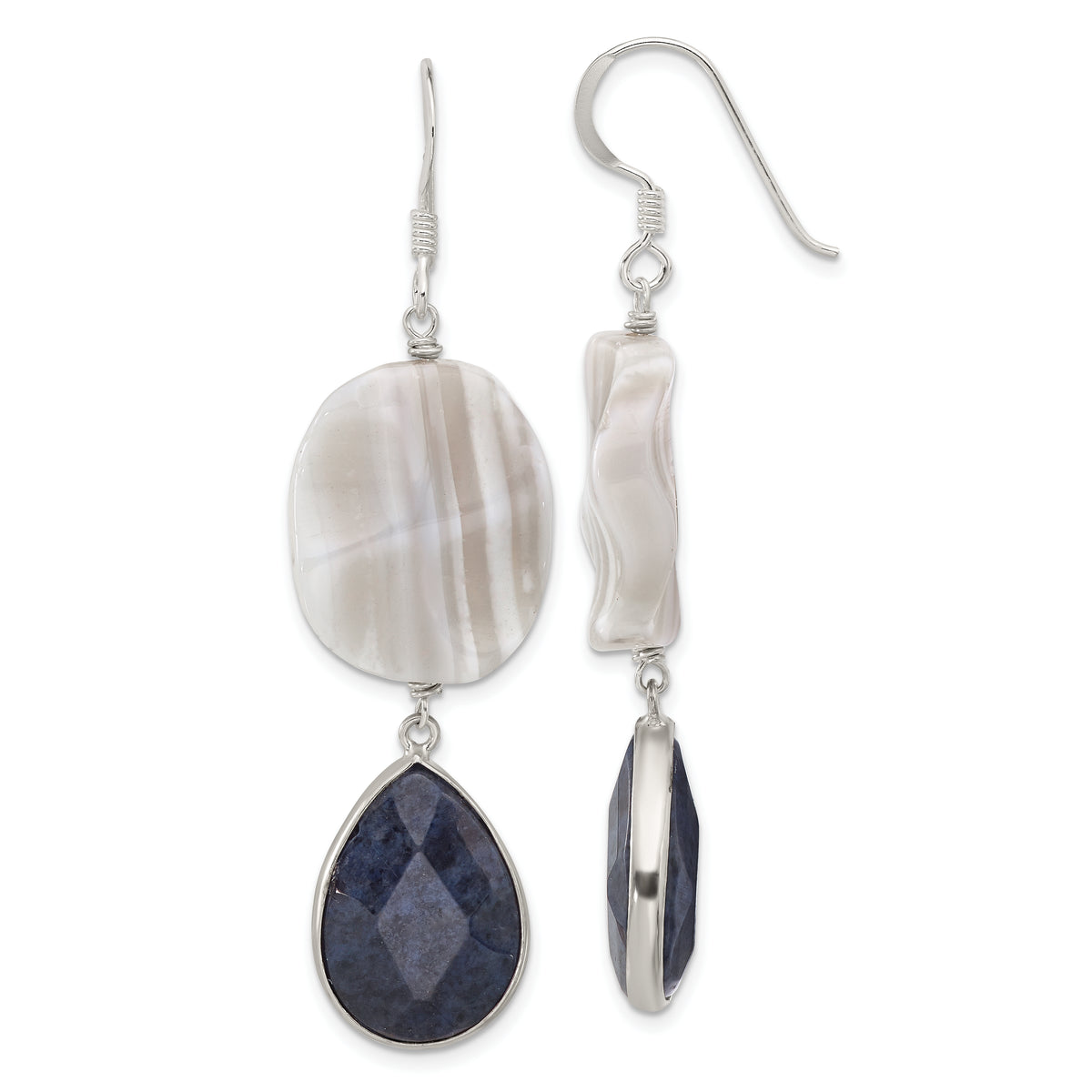 Sterling Silver Polished Wavy Grey Agate & Lapis Teardrop Dangle Earrings