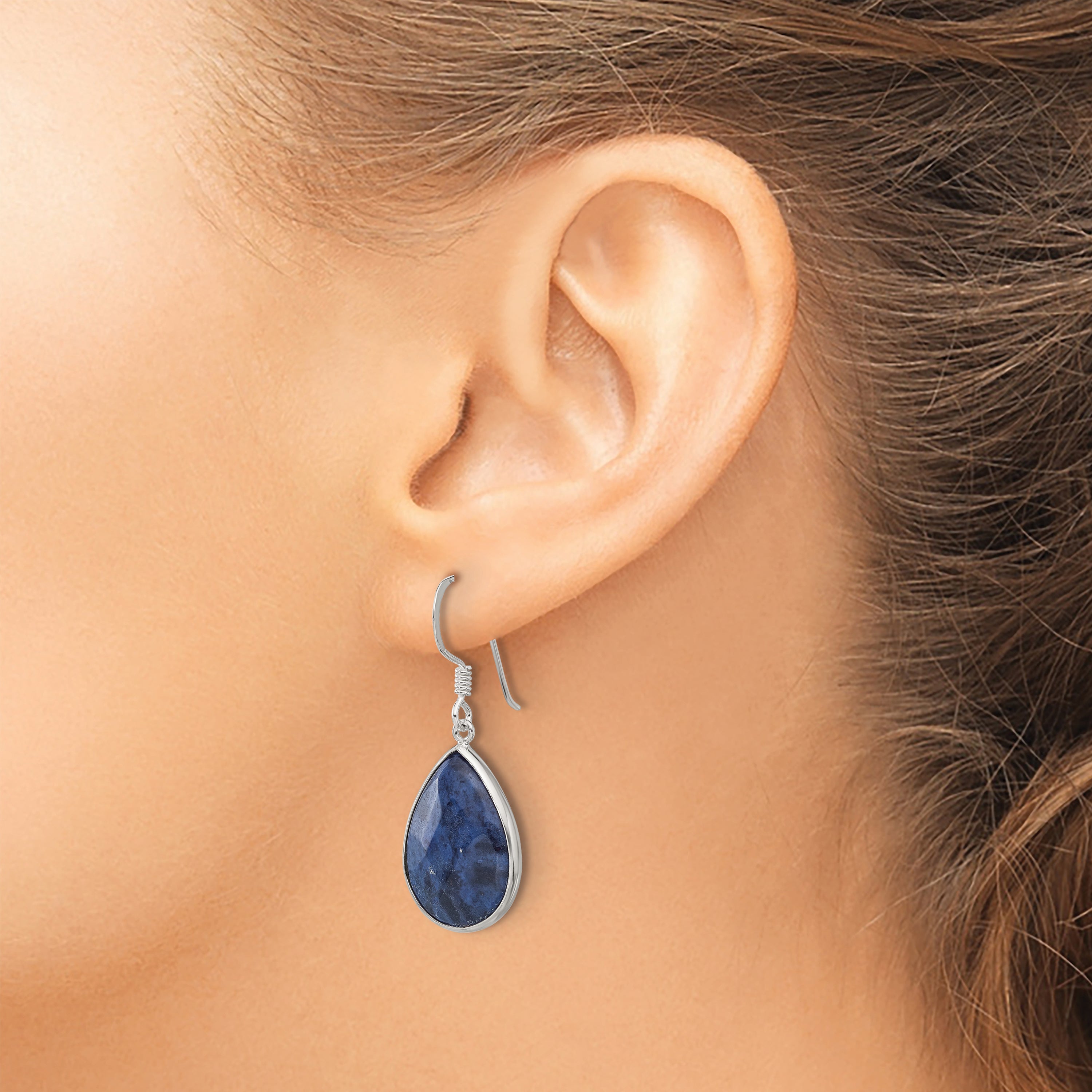 Sterling Silver Polished Faceted Lapis Teardrop Dangle Earrings