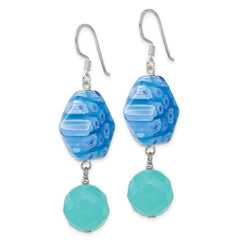 Sterling Silver Polished Blue Crystal & Kangsai Glass Bead Dangle Earrings