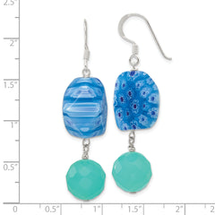 Sterling Silver Polished Blue Crystal & Kangsai Glass Bead Dangle Earrings