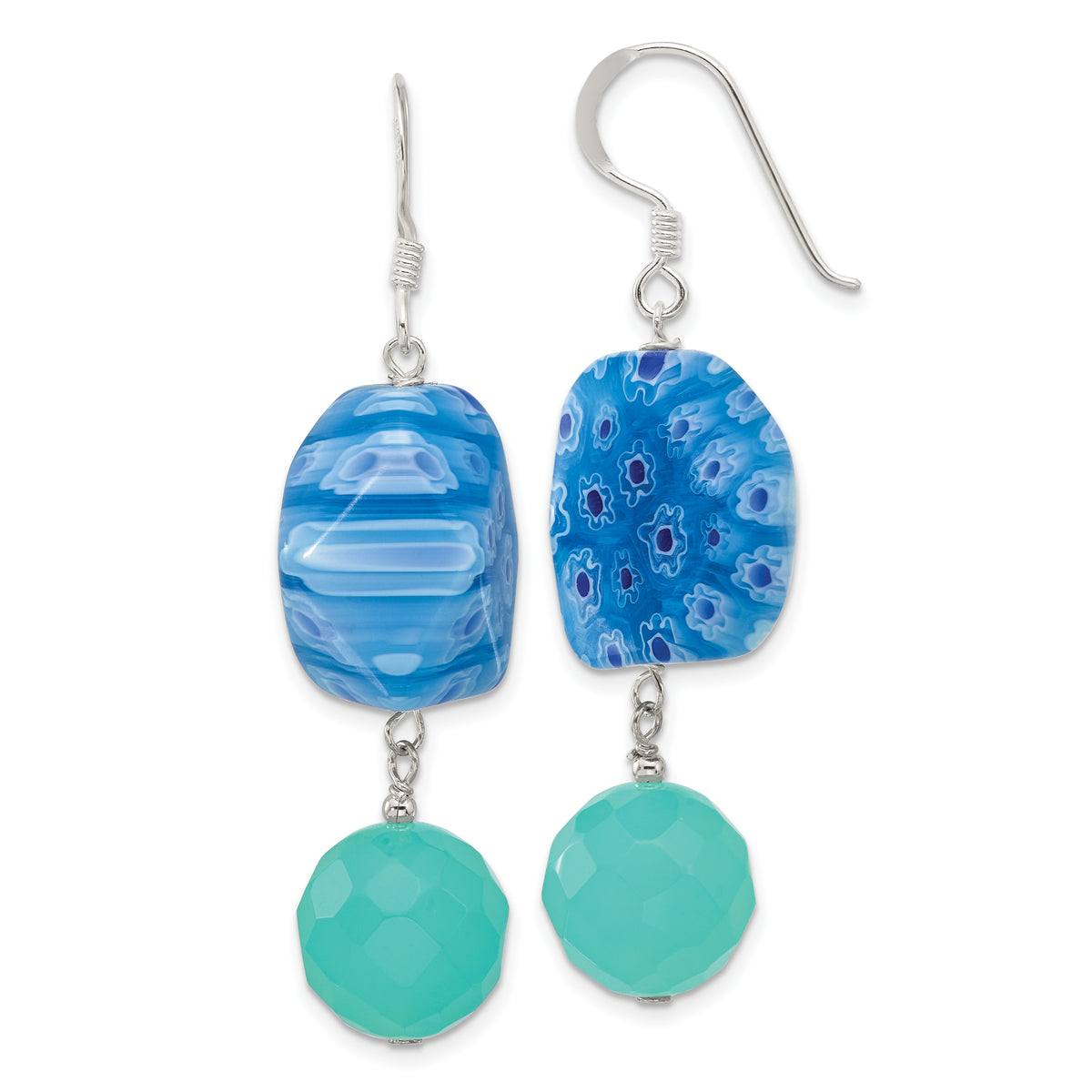 Sterling Silver Polished Blue Crystal & Kangsai Glass Bead Dangle Earrings