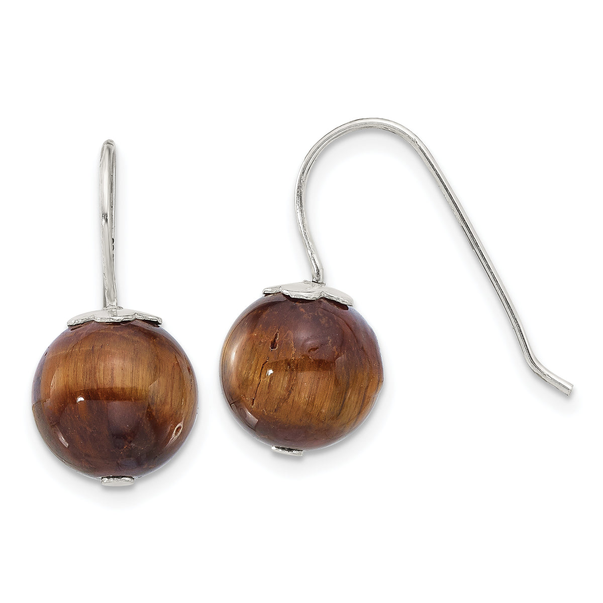 Sterling Silver Polished 10mm Round Tiger's Eye Dangle Earrings