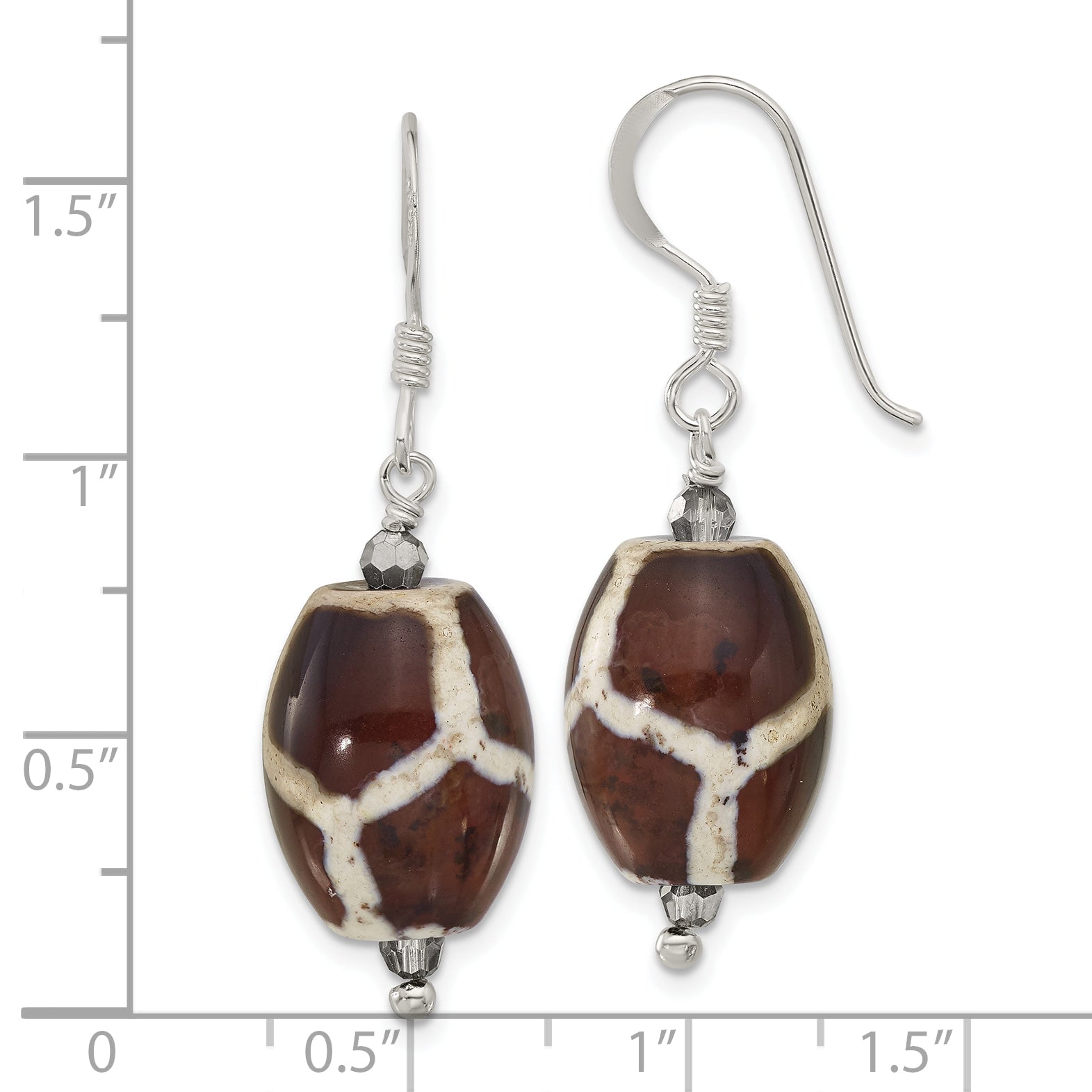 Sterling Silver Polished Patterned Black Agate & Crystal Dangle Earrings