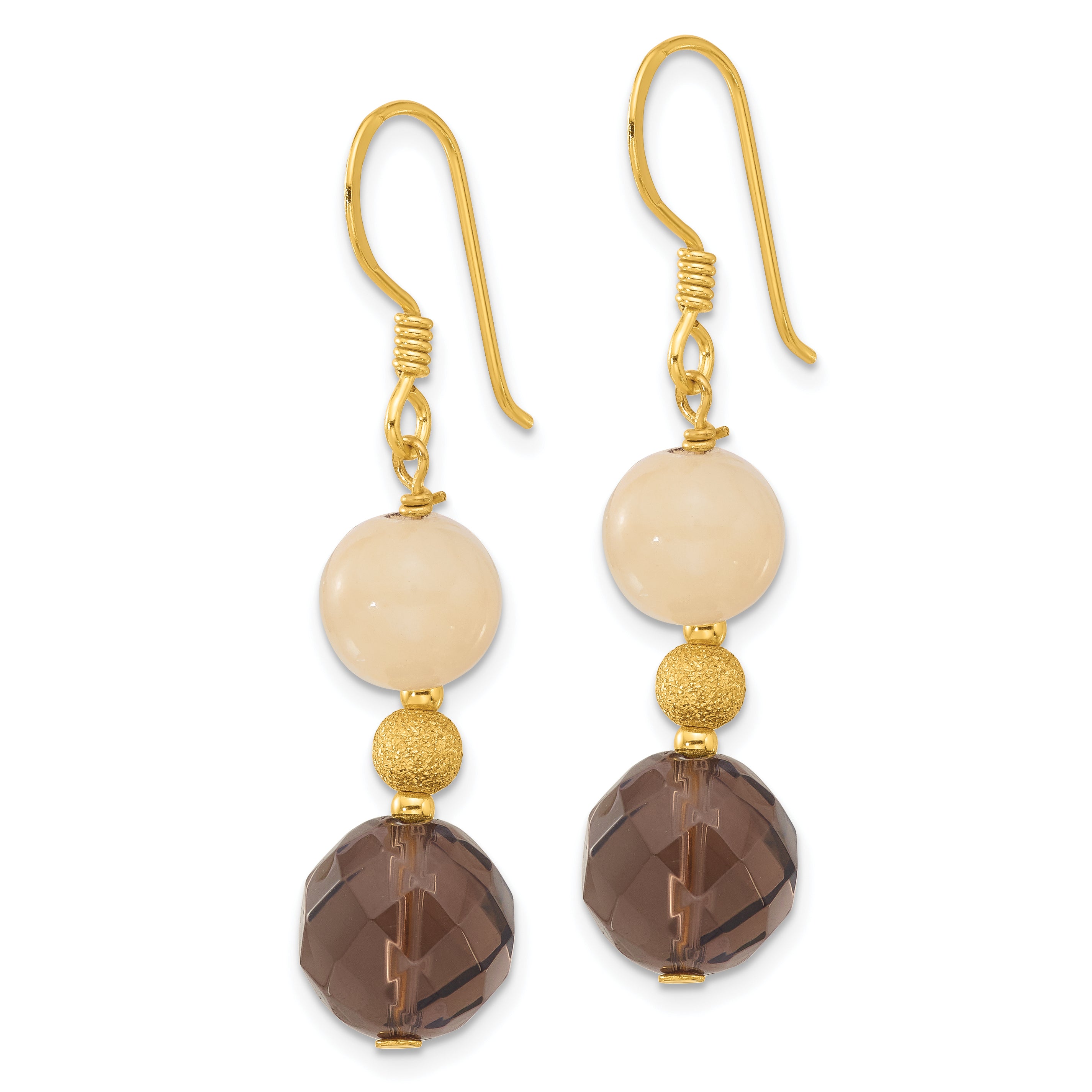 Sterling Silver Gold-plated Polished & Laser-cut Yellow Jade & Smoky Quartz Beaded Dangle Earrings