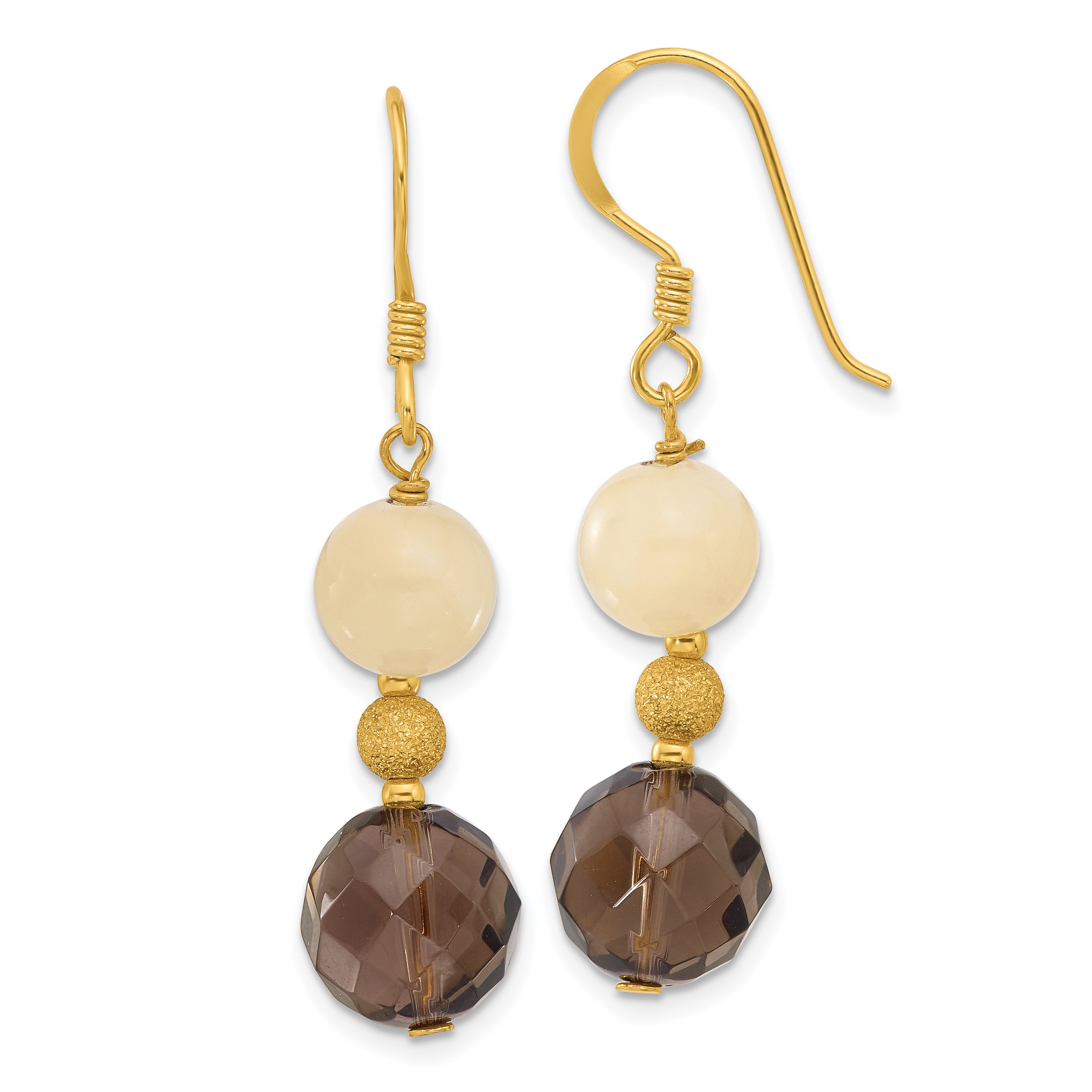 Sterling Silver Gold-plated Polished & Laser-cut Yellow Jade & Smoky Quartz Beaded Dangle Earrings