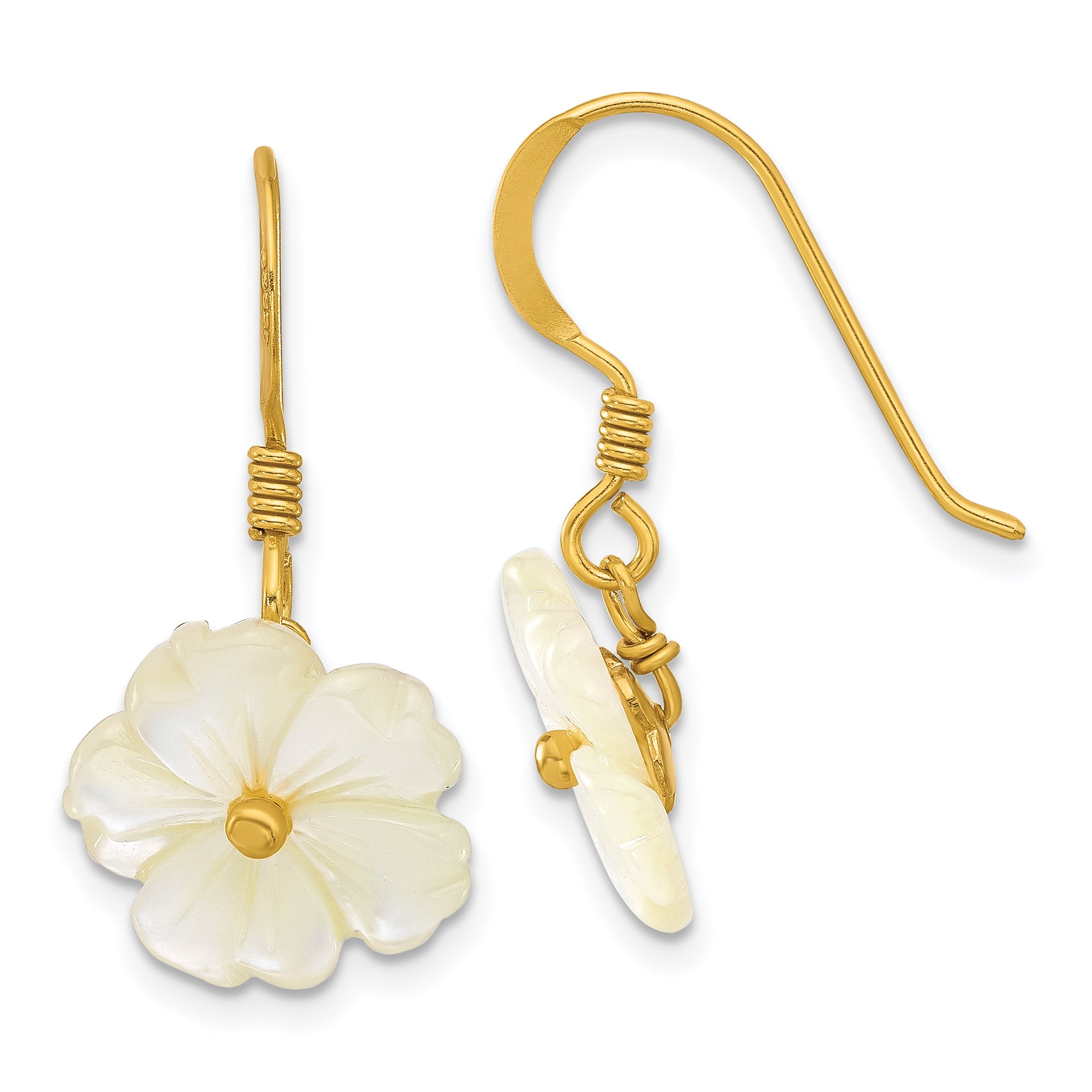 Sterling Silver Gold-plated Polished Mother of Pearl Flower Dangle Earrings