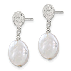 Sterling Silver Polished & Textured FWC Pearl Post Dangle Earrings