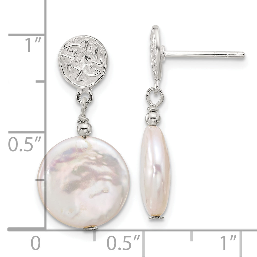 Sterling Silver Polished & Textured FWC Pearl Post Dangle Earrings