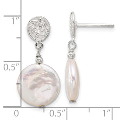 Sterling Silver Polished & Textured FWC Pearl Post Dangle Earrings