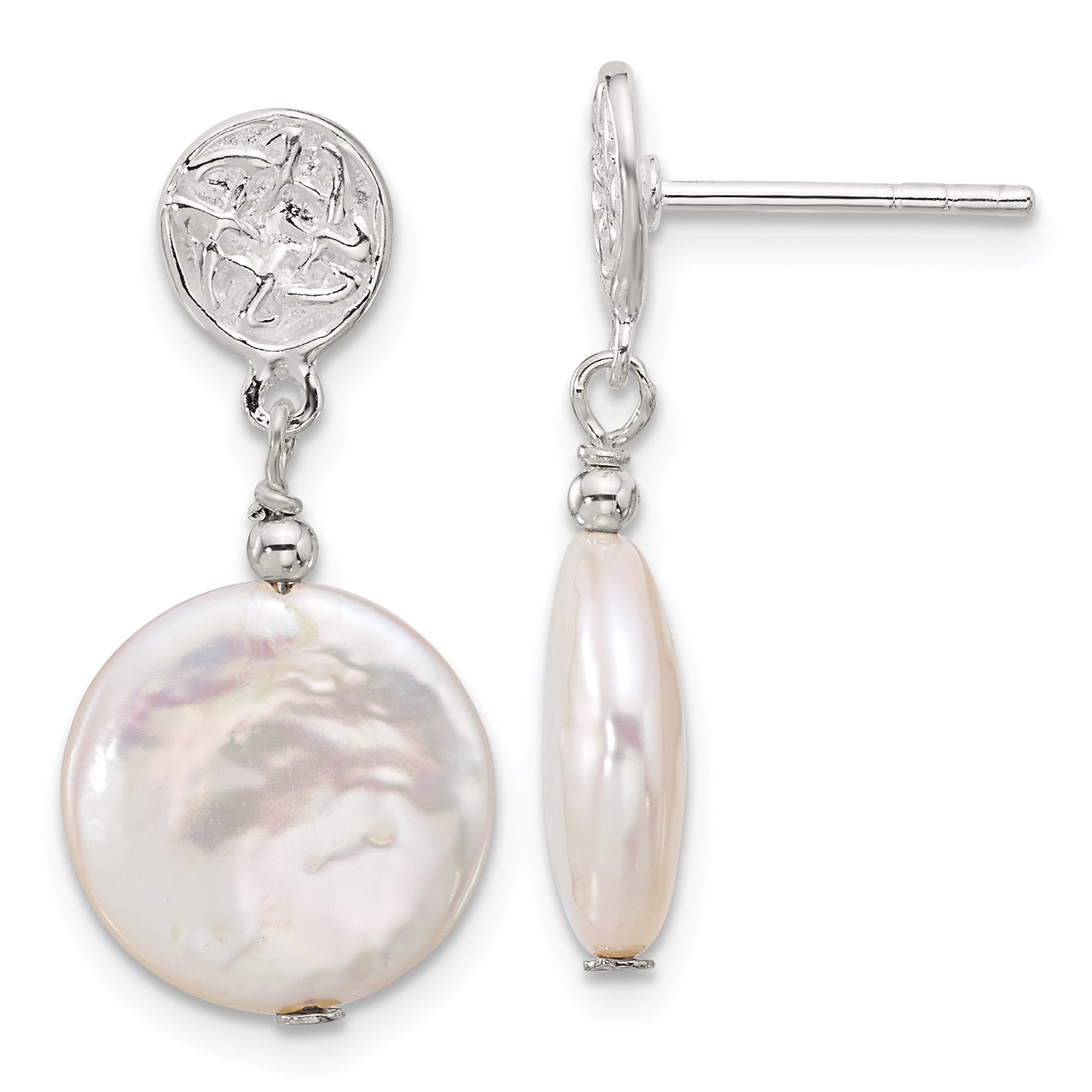 Sterling Silver Polished & Textured FWC Pearl Post Dangle Earrings