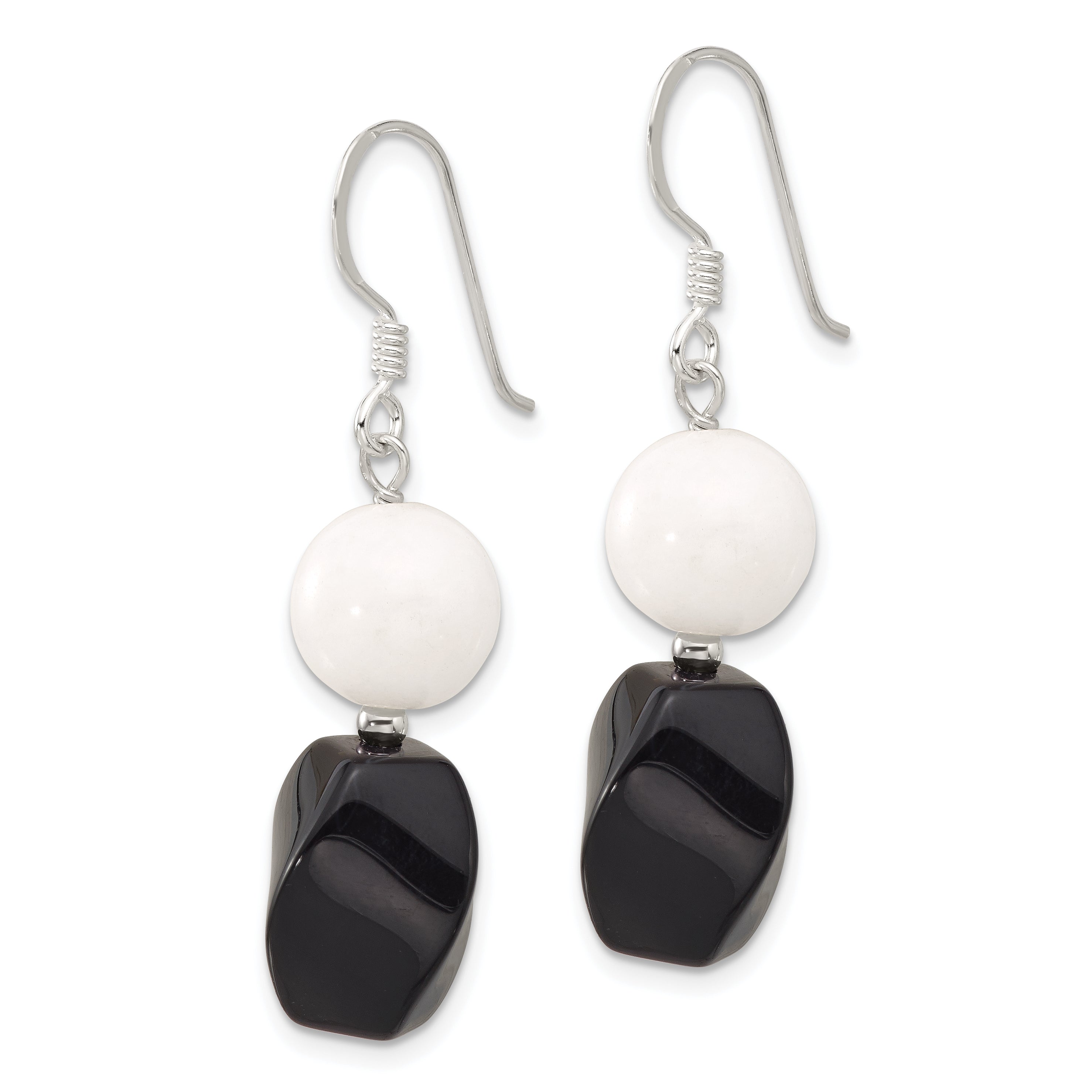 Sterling Silver Polished Black Agate & White Jade Dangle Earrings