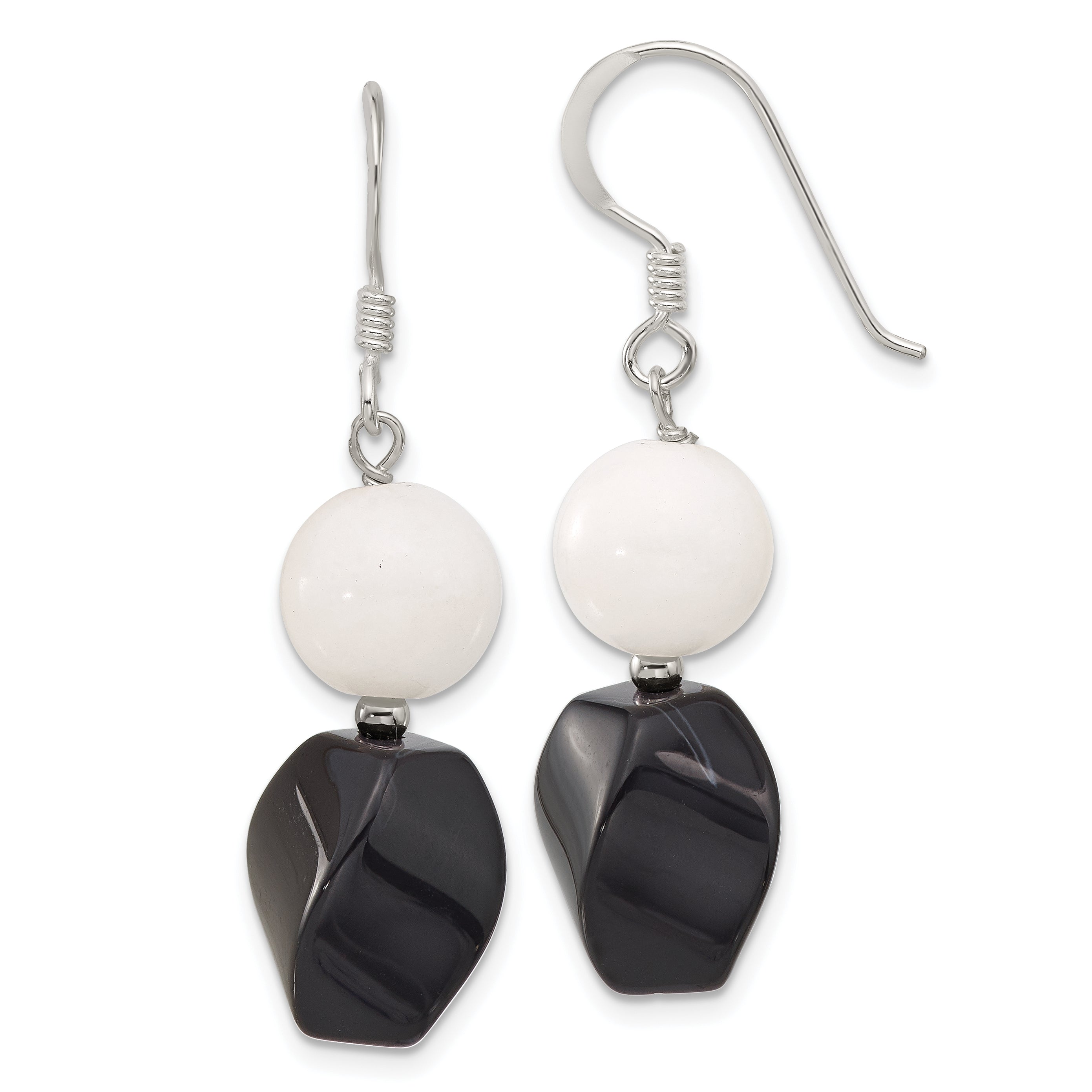 Sterling Silver Polished Black Agate & White Jade Dangle Earrings