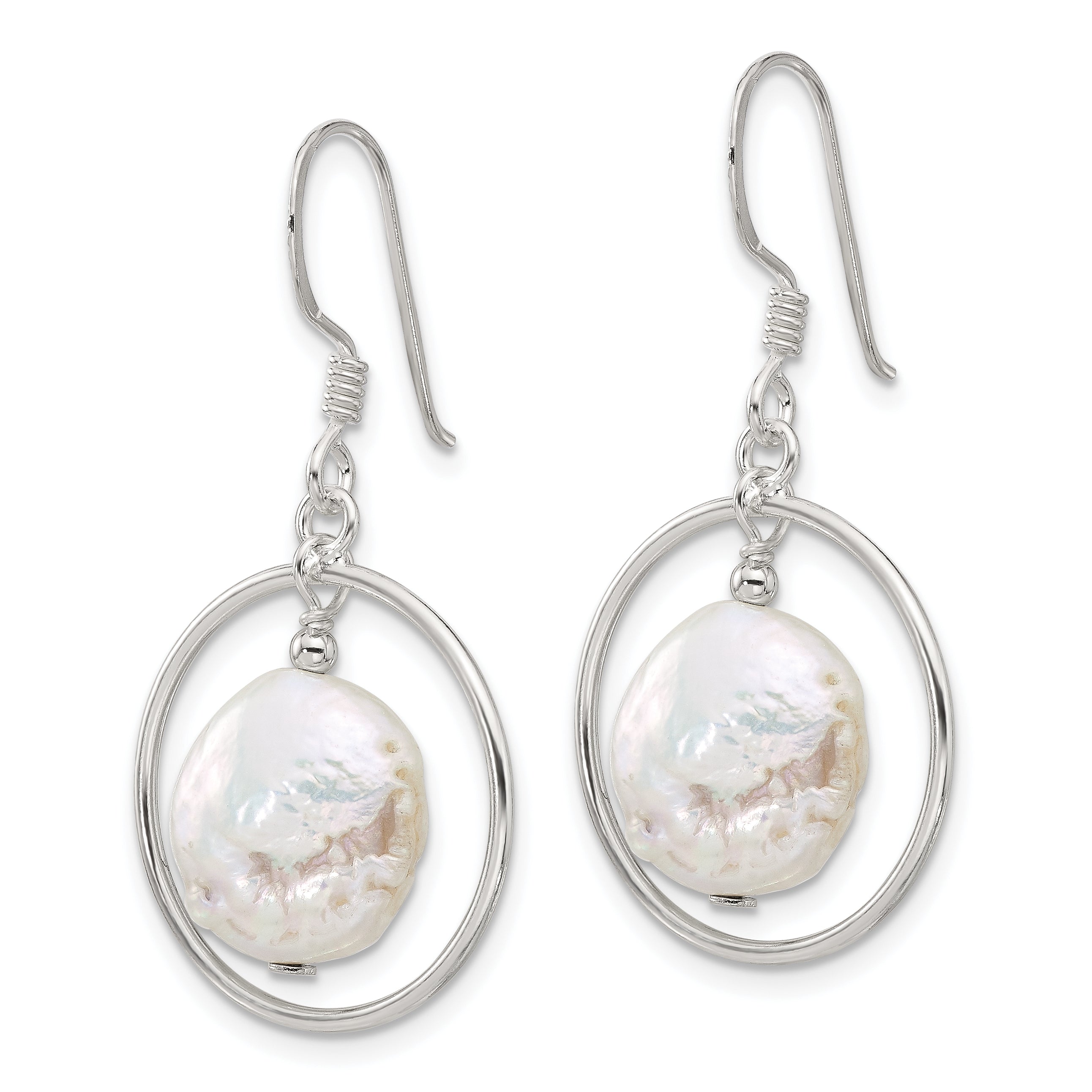 Sterling Silver Polished FWC Coin Pearl Circle Dangle Earrings