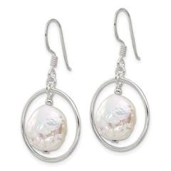 Sterling Silver Polished FWC Coin Pearl Circle Dangle Earrings