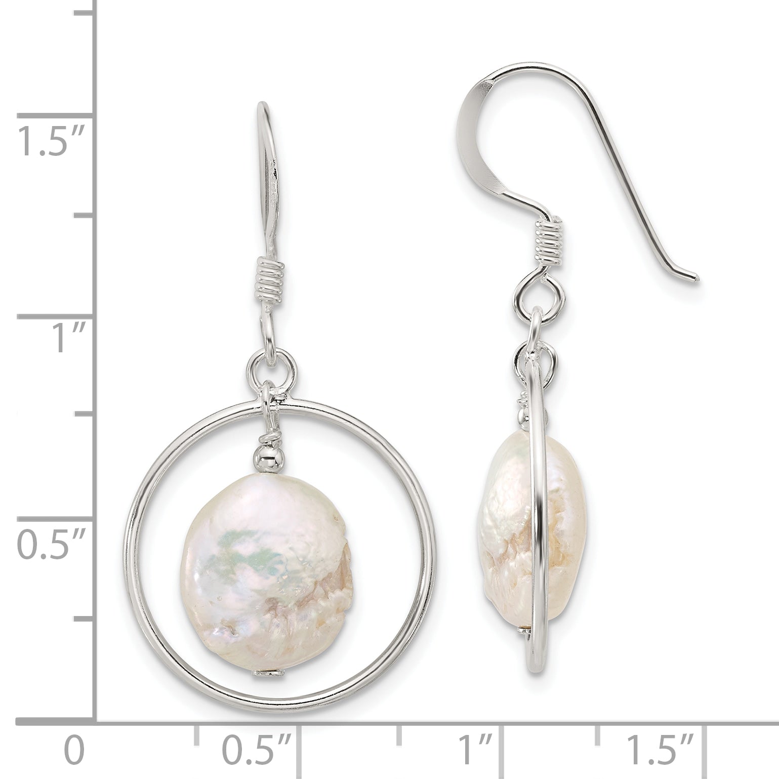 Sterling Silver Polished FWC Coin Pearl Circle Dangle Earrings