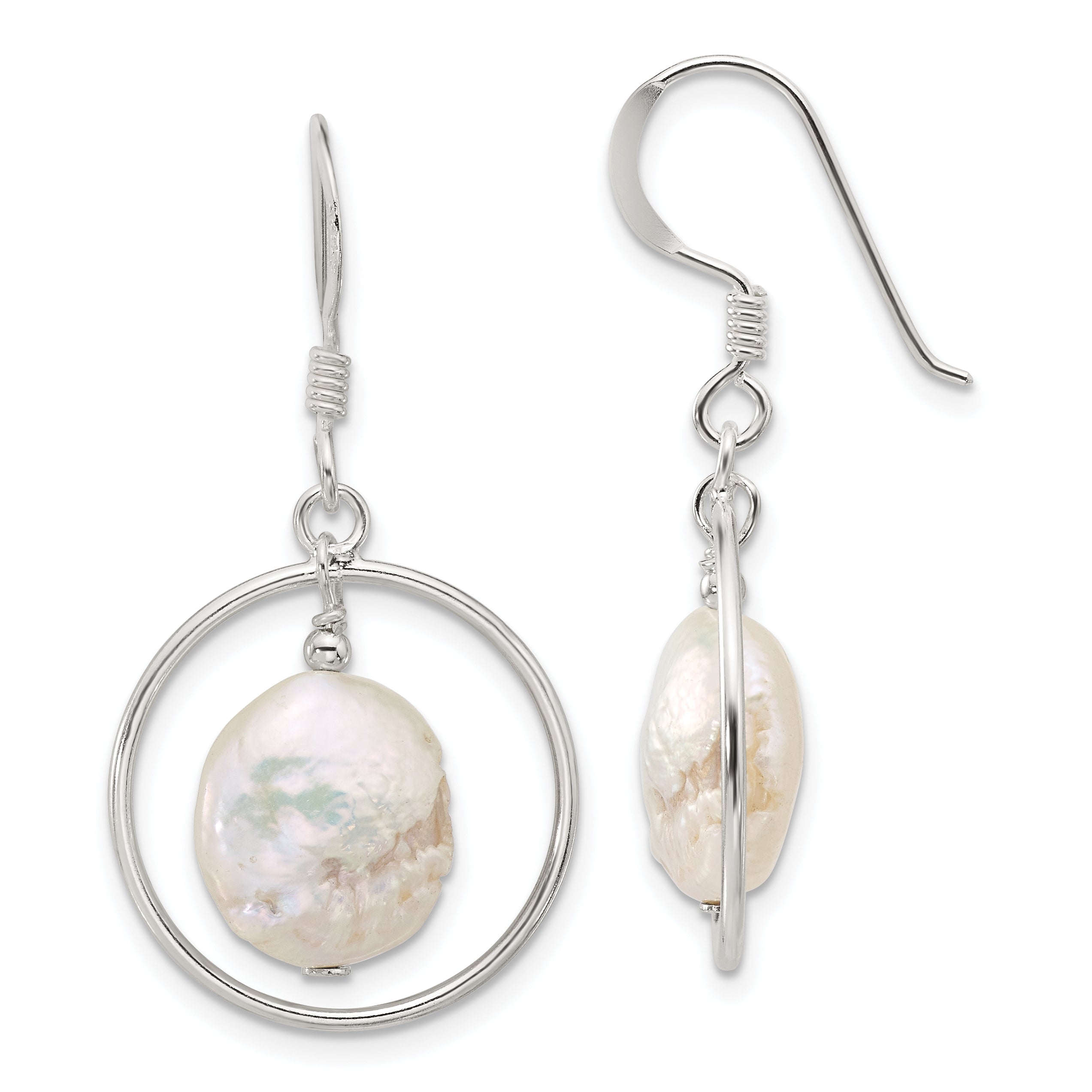 Sterling Silver Polished FWC Coin Pearl Circle Dangle Earrings