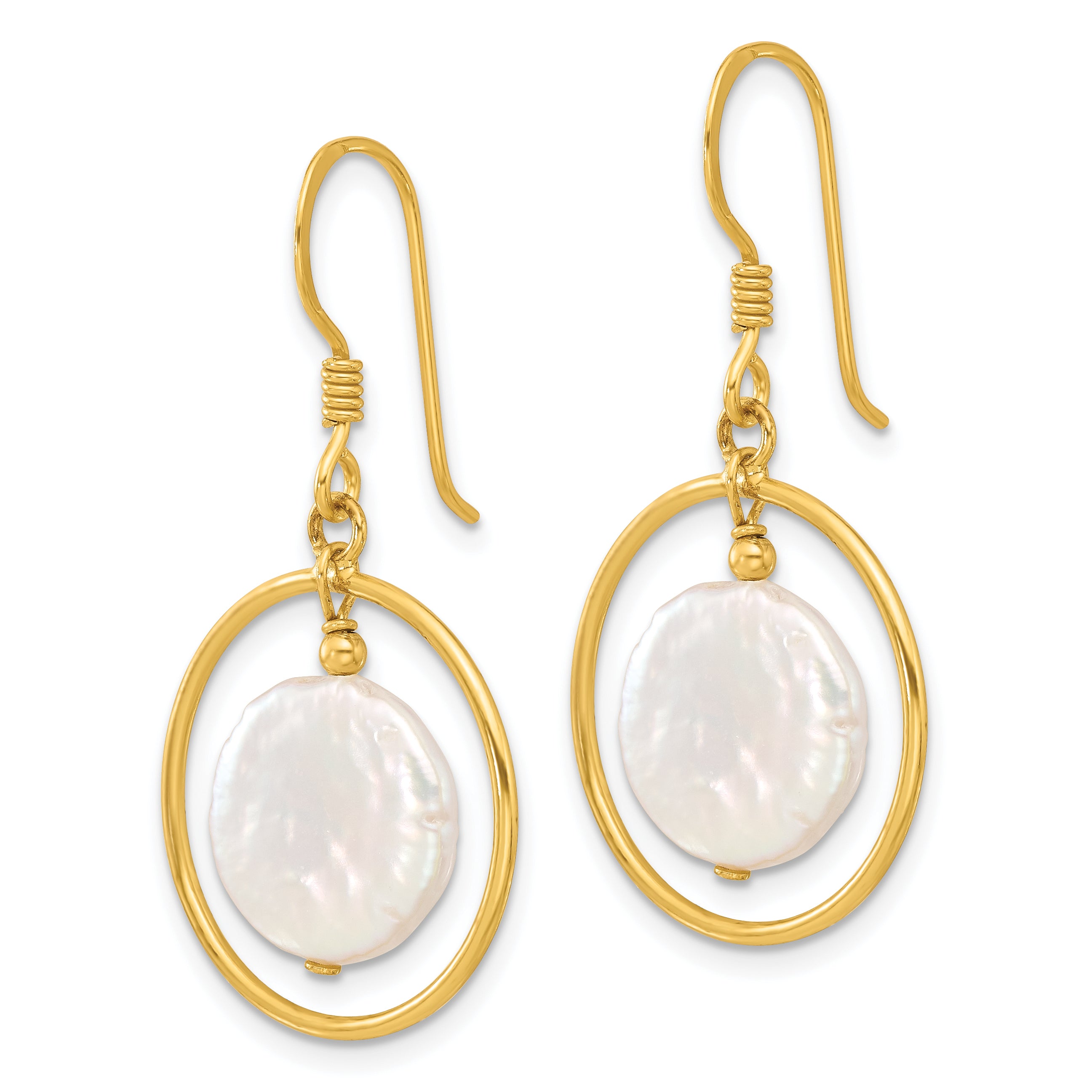 Sterling Silver Gold-plated Polished FWC Coin Pearl Circle Dangle Earrings