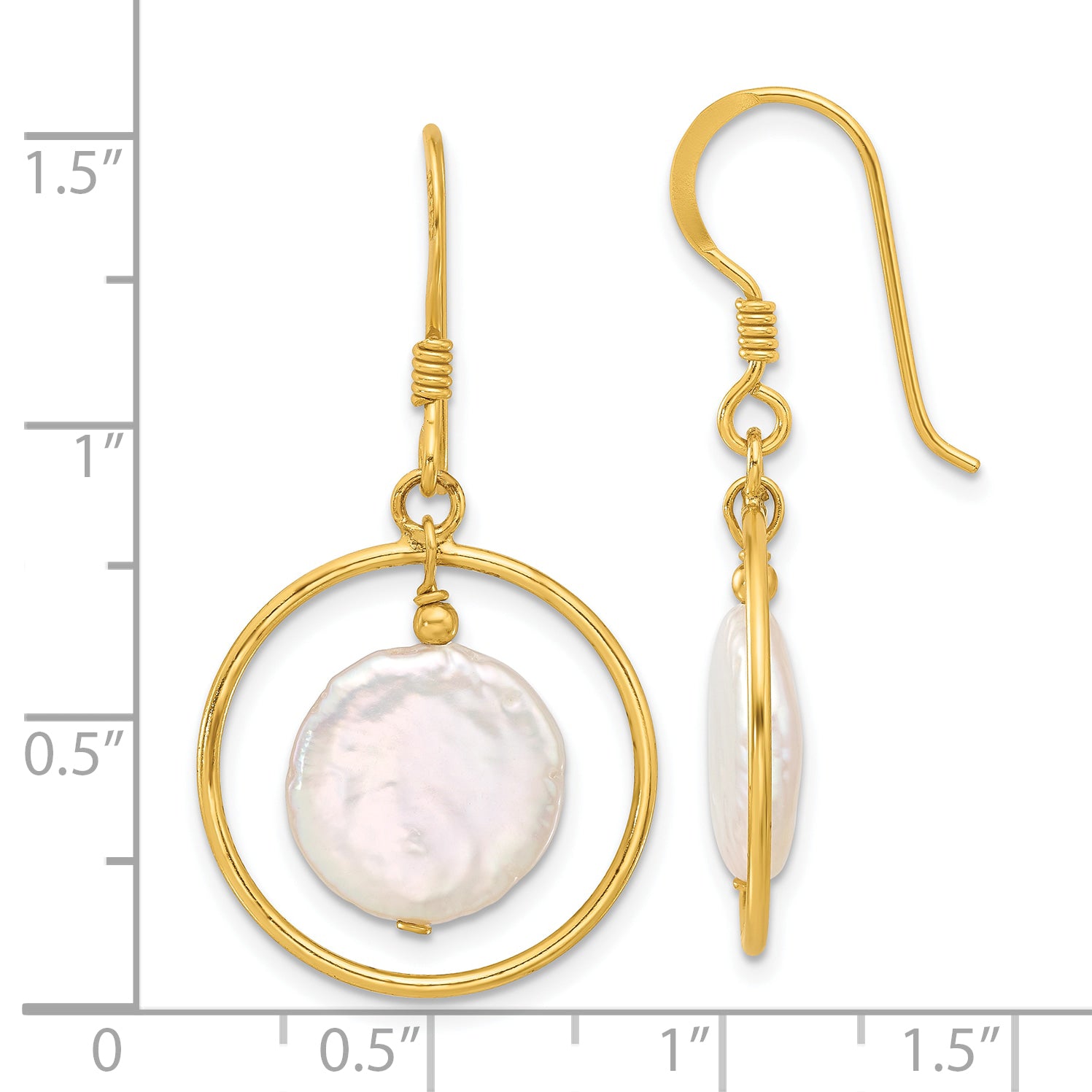 Sterling Silver Gold-plated Polished FWC Coin Pearl Circle Dangle Earrings