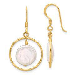 Sterling Silver Gold-plated Polished FWC Coin Pearl Circle Dangle Earrings