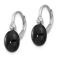 Sterling Silver RH-plated Polished Onyx & White Topaz Leverback Earrings