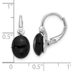 Sterling Silver RH-plated Polished Onyx & White Topaz Leverback Earrings