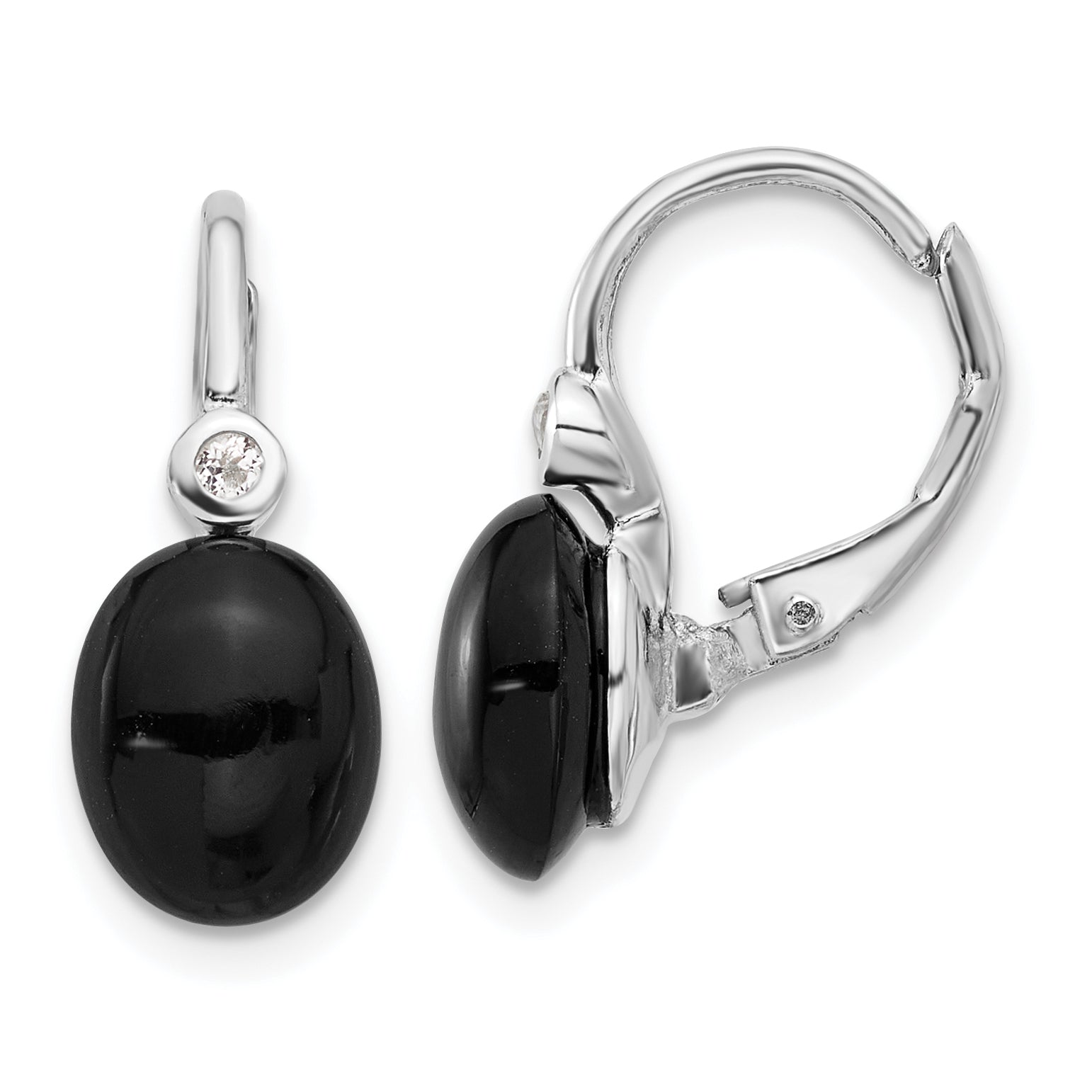 Sterling Silver RH-plated Polished Onyx & White Topaz Leverback Earrings