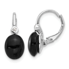 Sterling Silver RH-plated Polished Onyx & White Topaz Leverback Earrings