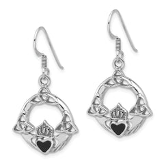 Sterling Silver Rhod-plated Polished Black Onyx Claddagh Dangle Earrings