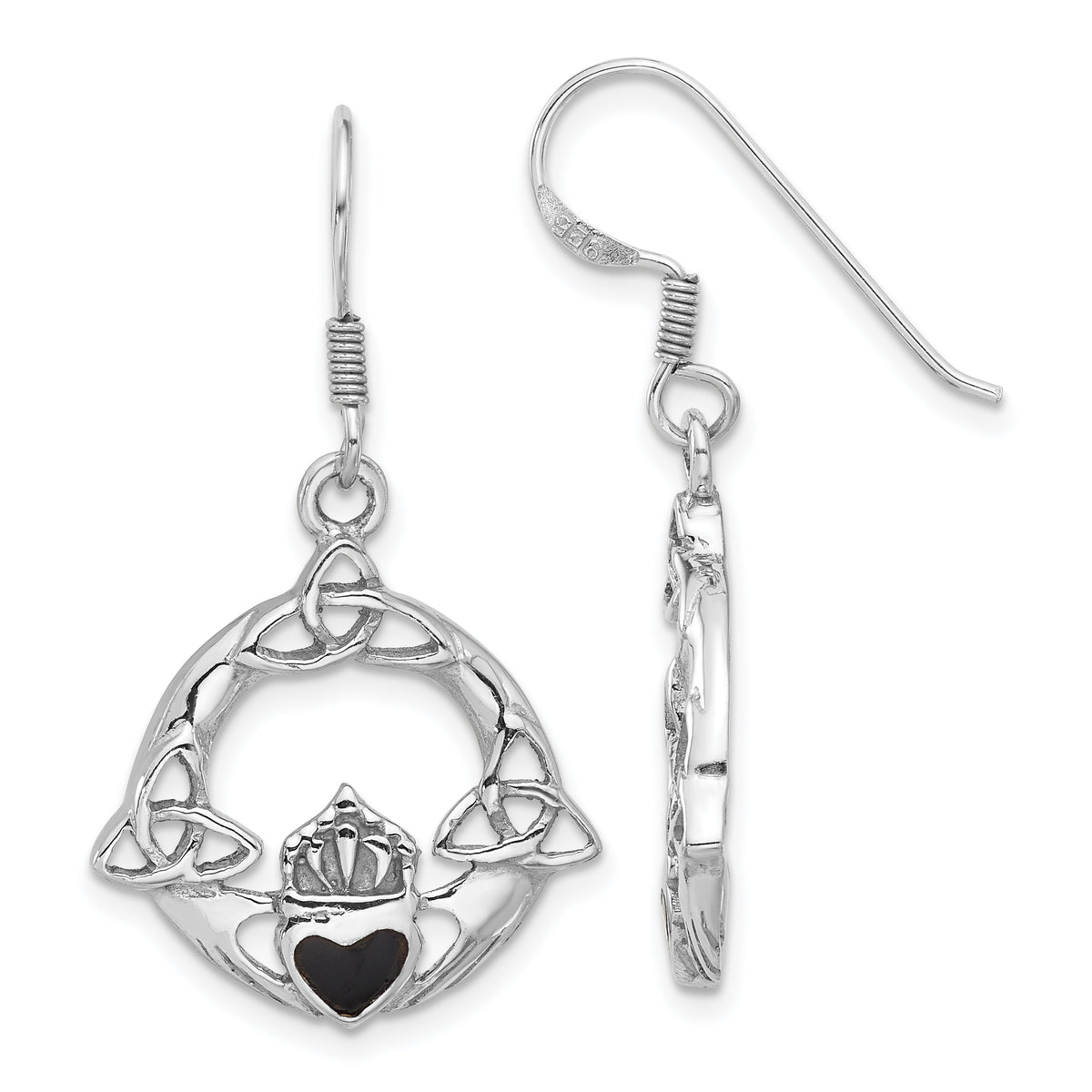 Sterling Silver Rhod-plated Polished Black Onyx Claddagh Dangle Earrings