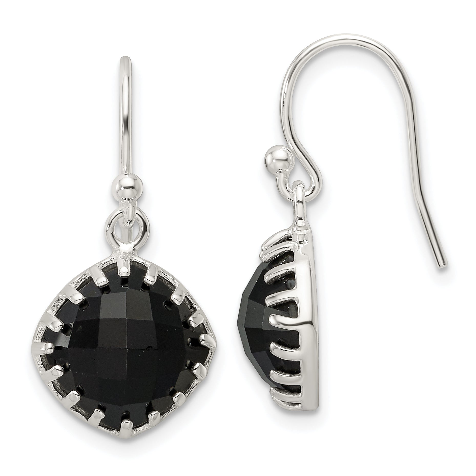 Sterling Silver Polished Checkerboard Onyx Cushion Dangle Earrings