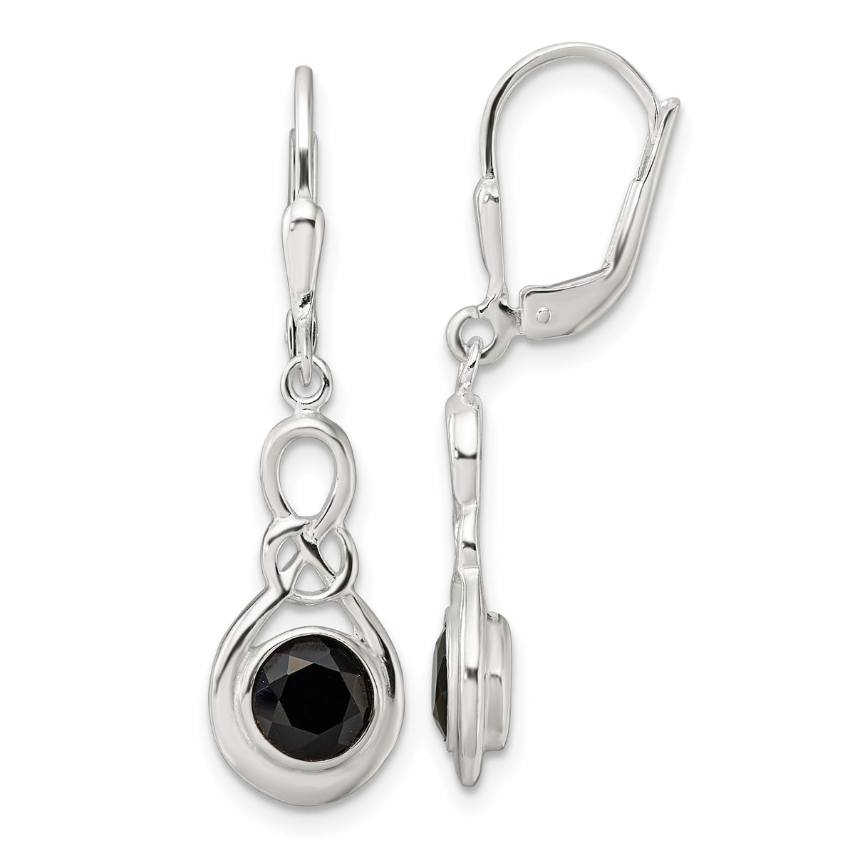 Sterling Silver Polished Onyx Knot Leverback Dangle Earrings