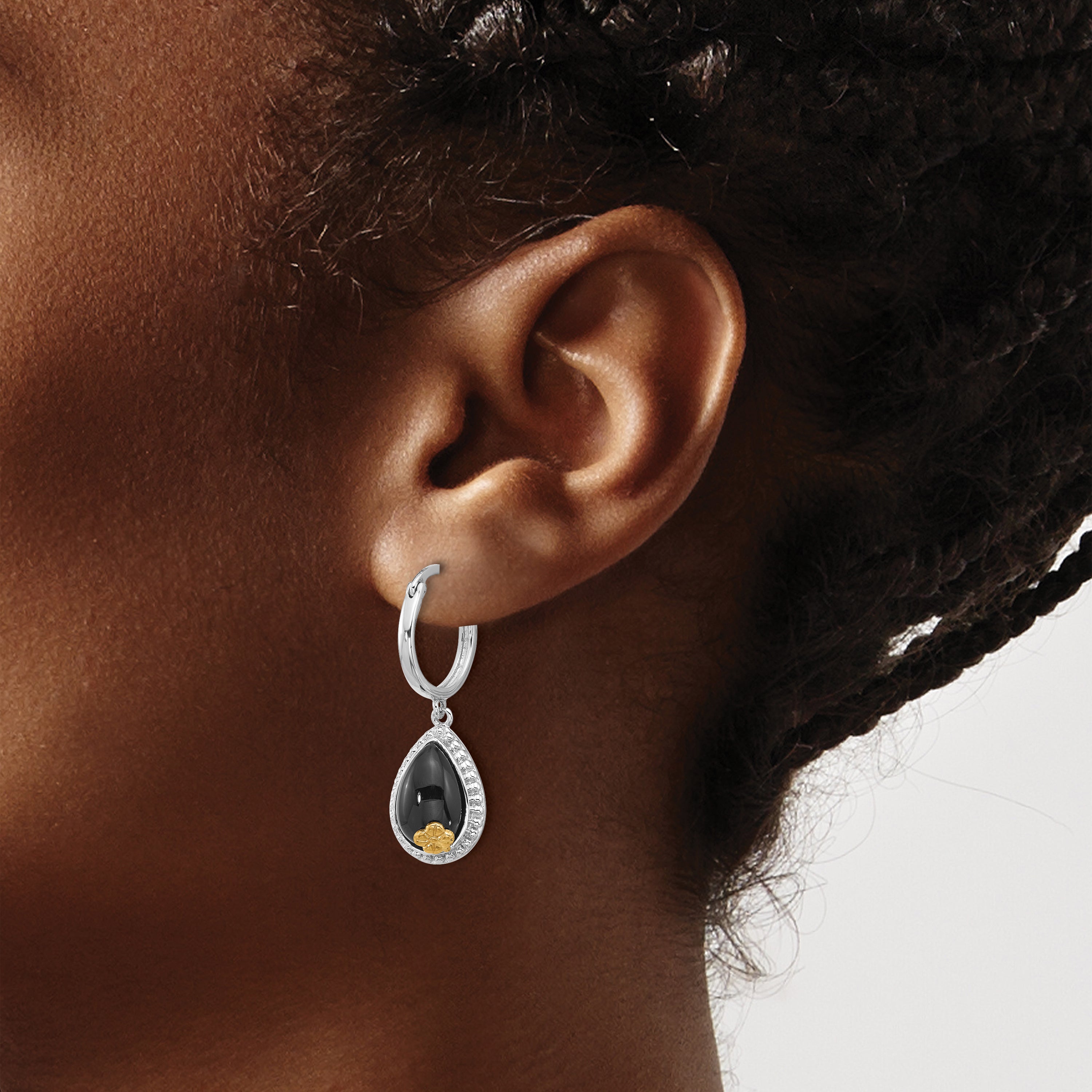 Sterling Silver Rhodium-plated w/ 14k accent Flower & Black Onyx Beaded Teardrop Round Dangle Hoop Earrings