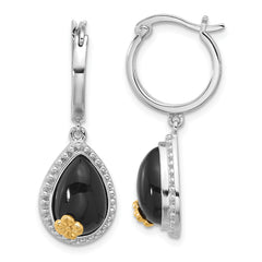 Sterling Silver Rhodium-plated w/ 14k accent Flower & Black Onyx Beaded Teardrop Round Dangle Hoop Earrings