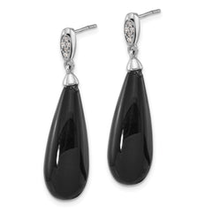 Sterling Silver RH-plated Polished CZ & Onyx Teardrop Post Dangle Earrings