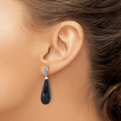 Sterling Silver RH-plated Polished CZ & Onyx Teardrop Post Dangle Earrings