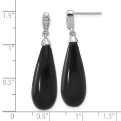 Sterling Silver RH-plated Polished CZ & Onyx Teardrop Post Dangle Earrings