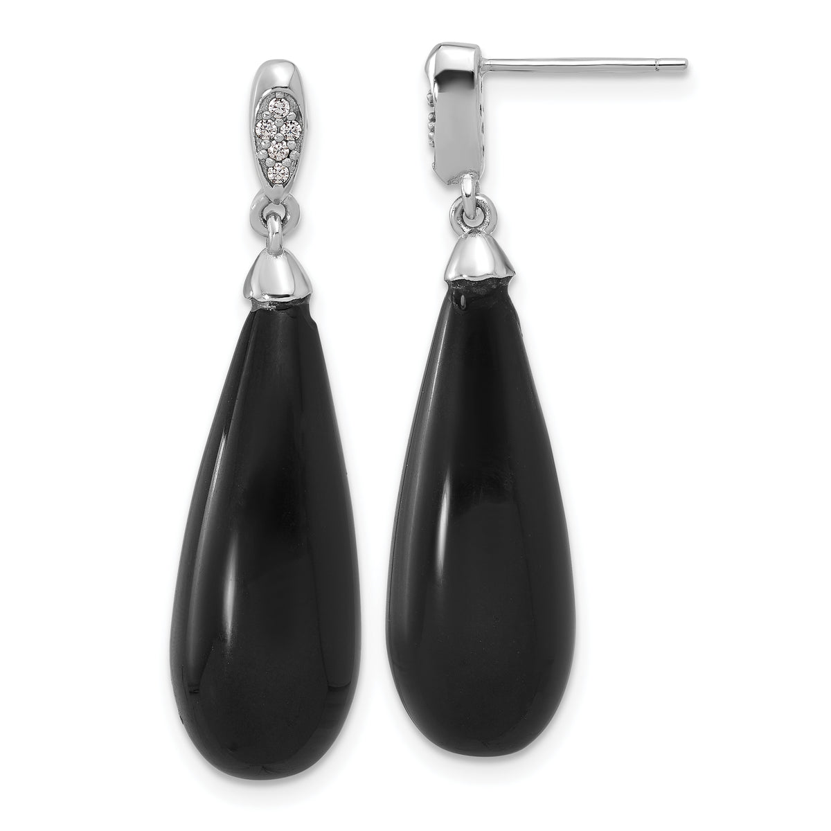 Sterling Silver RH-plated Polished CZ & Onyx Teardrop Post Dangle Earrings